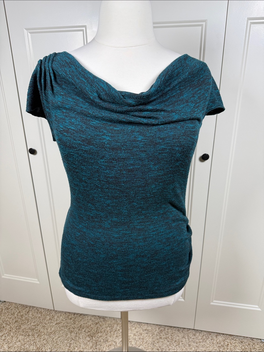 Women’s Teal Cowl Neck Short-Sleeve Asymmetrical Ruched Sweater Top Size XL